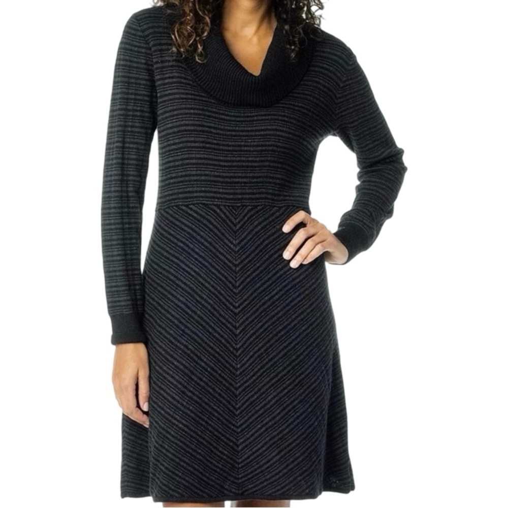PrAna Women’s Coal Black & Gray Monica Stripe Cowl Neck Sweater Dress Size XS